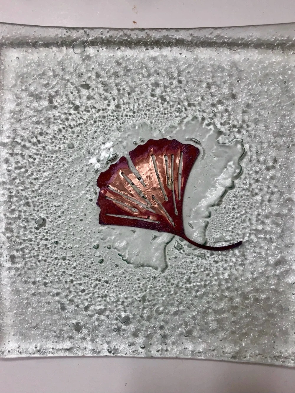 Jones Glassworks Decorative Square plate Copper Ginkgo leaf motif -Home Accents